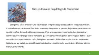 Dans le domaine du pilotage de l’entreprise
27
Le Big Data laisse entrevoir une optimisation complète des processus et des ressources métiers.
Il réduit le temps de réaction face à des erreurs ou des pannes et permet d’ajuster en permanence les
équilibres offre-demande et temps-ressource. C’est une promesse importante dans des secteurs
comme ceux de l’énergie ou des transports qui sont constamment portés par la logique de flux ; outre
une réduction importante des coûts, le Big Data permet ici d’identifier au plus près les moteurs de
l’activité, ce qui n’était pas possible avec les indicateurs traditionnels, soumis à des délais de latence
bien plus importants.
 