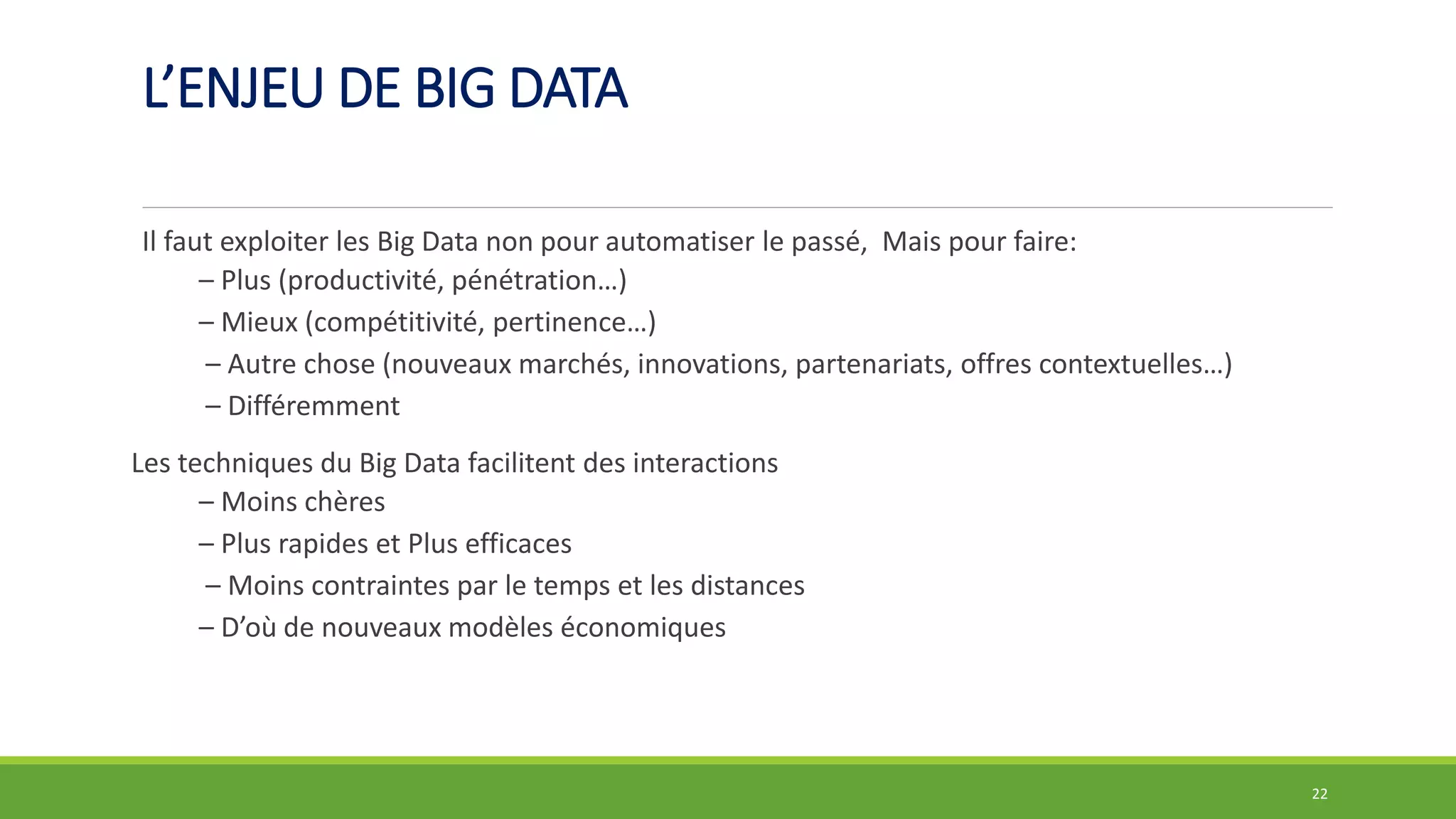 L’ENJEU DE BIG DATA
Il faut exploiter les Big Data non pour automatiser le passé, Mais pour faire:
– Plus (productivité, pénétration…)
– Mieux (compétitivité, pertinence…)
– Autre chose (nouveaux marchés, innovations, partenariats, offres contextuelles…)
– Différemment
Les techniques du Big Data facilitent des interactions
– Moins chères
– Plus rapides et Plus efficaces
– Moins contraintes par le temps et les distances
– D’où de nouveaux modèles économiques
22
 
