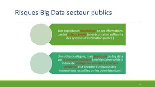 Risques Big Data secteur publics
Une exploitation frauduleuse de ces informations
par des acteurs privés (une sécurisation suffisante
des systèmes d’information publics )
Une utilisation légale, mais liberticide, du big data
par la puissance publique (une législation solide à
même de protéger les données à caractère
personnel et d’encadrer l’utilisation des
informations recueillies par les administrations)
17
 