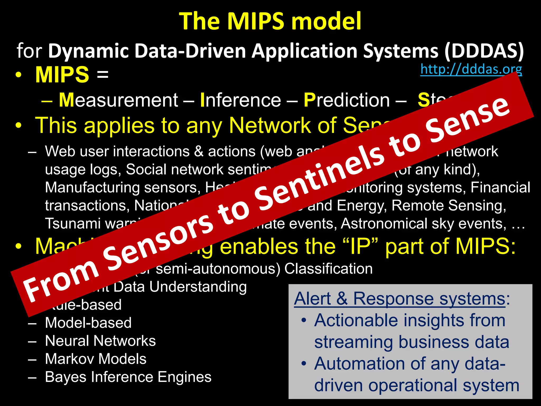 The MIPS model
for Dynamic Data-Driven Application Systems (DDDAS)
• MIPS =
– Measurement – Inference – Prediction – Steering
• This applies to any Network of Sensors:
– Web user interactions & actions (web analytics data), Cyber network
usage logs, Social network sentiment, Machine logs (of any kind),
Manufacturing sensors, Health & Epidemic monitoring systems, Financial
transactions, National Security, Utilities and Energy, Remote Sensing,
Tsunami warnings, Weather/Climate events, Astronomical sky events, …
• Machine Learning enables the “IP” part of MIPS:
– Autonomous (or semi-autonomous) Classification
– Intelligent Data Understanding
– Rule-based
– Model-based
– Neural Networks
– Markov Models
– Bayes Inference Engines
http://dddas.org
Alert & Response systems:
• Actionable insights from
streaming business data
• Automation of any data-
driven operational system
 