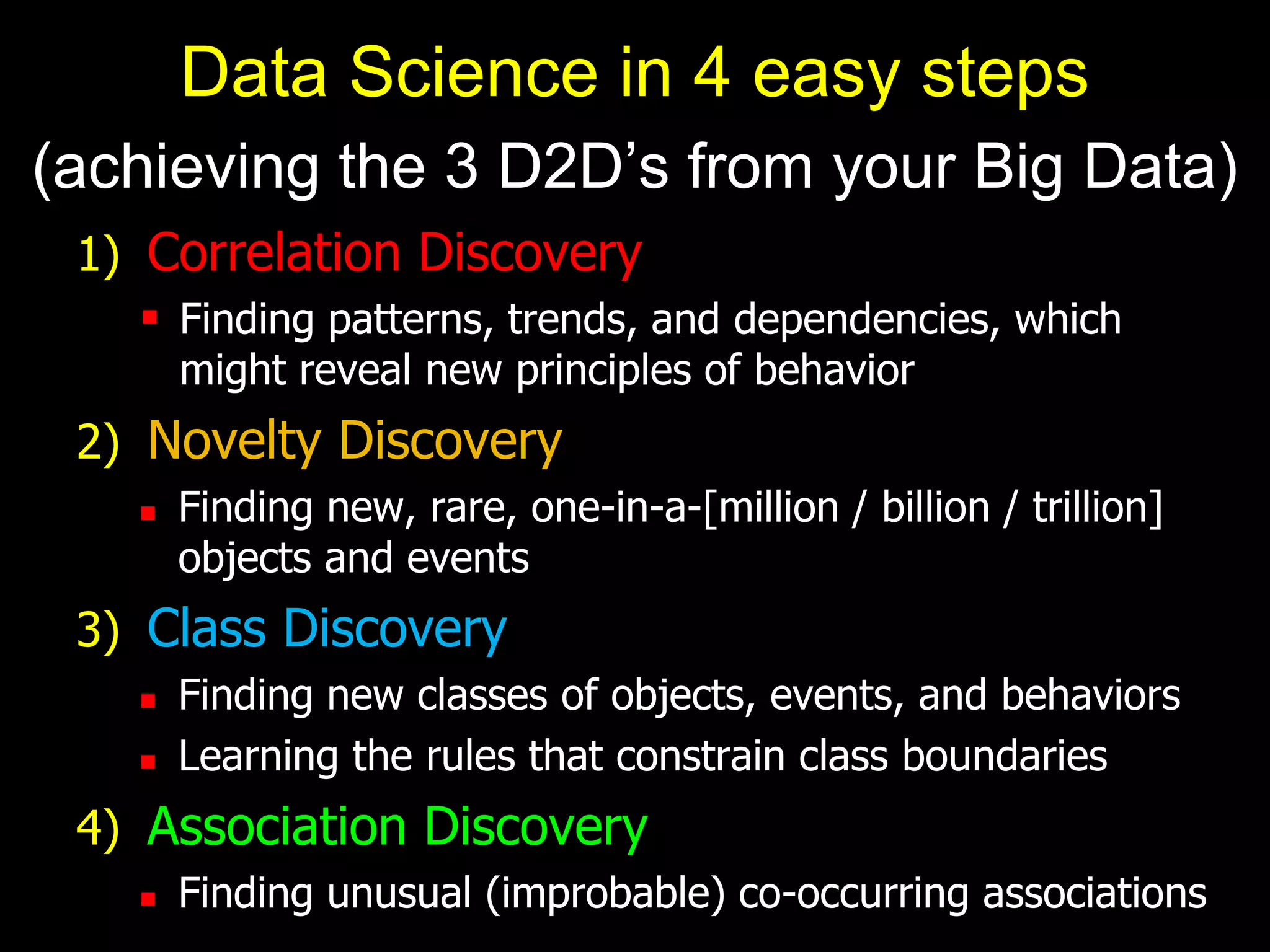 1) Correlation Discovery
 Finding patterns, trends, and dependencies, which
might reveal new principles of behavior
2) Novelty Discovery
 Finding new, rare, one-in-a-[million / billion / trillion]
objects and events
3) Class Discovery
 Finding new classes of objects, events, and behaviors
 Learning the rules that constrain class boundaries
4) Association Discovery
 Finding unusual (improbable) co-occurring associations
Data Science in 4 easy steps
(achieving the 3 D2D’s from your Big Data)
 