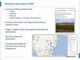 34
© 2015 MetricStream, Inc. All Rights Reserved.
Situational Awareness for BCP
• Track Social Media platforms like:
─ Twitter
─ Facebook
─ Pinterest
─ Google (Google +, Youtube, Crisis Map etc.)
• Correlate Information with Organizational Assets /
Facilities / Risks
• Trigger / Update Incident Management Workflows &
Notifications
• Real-Time Reports &
Dashboards
• Leverage Social Media for
Communications During
Emergencies
 