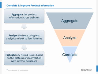 38
© 2015 MetricStream, Inc. All Rights Reserved.
Correlate & Improve Product Information
Aggregate the product
information across websites
Analyze the feeds using text
analytics to look to Text Patterns
Highlight any risks & issues based
on the patterns and correlation
with internal databases
Aggregate
Analyze
Correlate
 