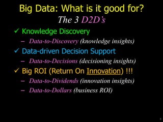 Big Data: What is it good for?
The 3 D2D’s
 Knowledge Discovery
– Data-to-Discovery (knowledge insights)
 Data-driven Decision Support
– Data-to-Decisions (decisioning insights)
 Big ROI (Return On Innovation) !!!
– Data-to-Dividends (innovation insights)
– Data-to-Dollars (business ROI)
6
 