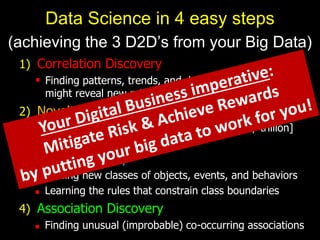 1) Correlation Discovery
 Finding patterns, trends, and dependencies, which
might reveal new principles of behavior
2) Novelty Discovery
 Finding new, rare, one-in-a-[million / billion / trillion]
objects and events
3) Class Discovery
 Finding new classes of objects, events, and behaviors
 Learning the rules that constrain class boundaries
4) Association Discovery
 Finding unusual (improbable) co-occurring associations
Data Science in 4 easy steps
(achieving the 3 D2D’s from your Big Data)
 