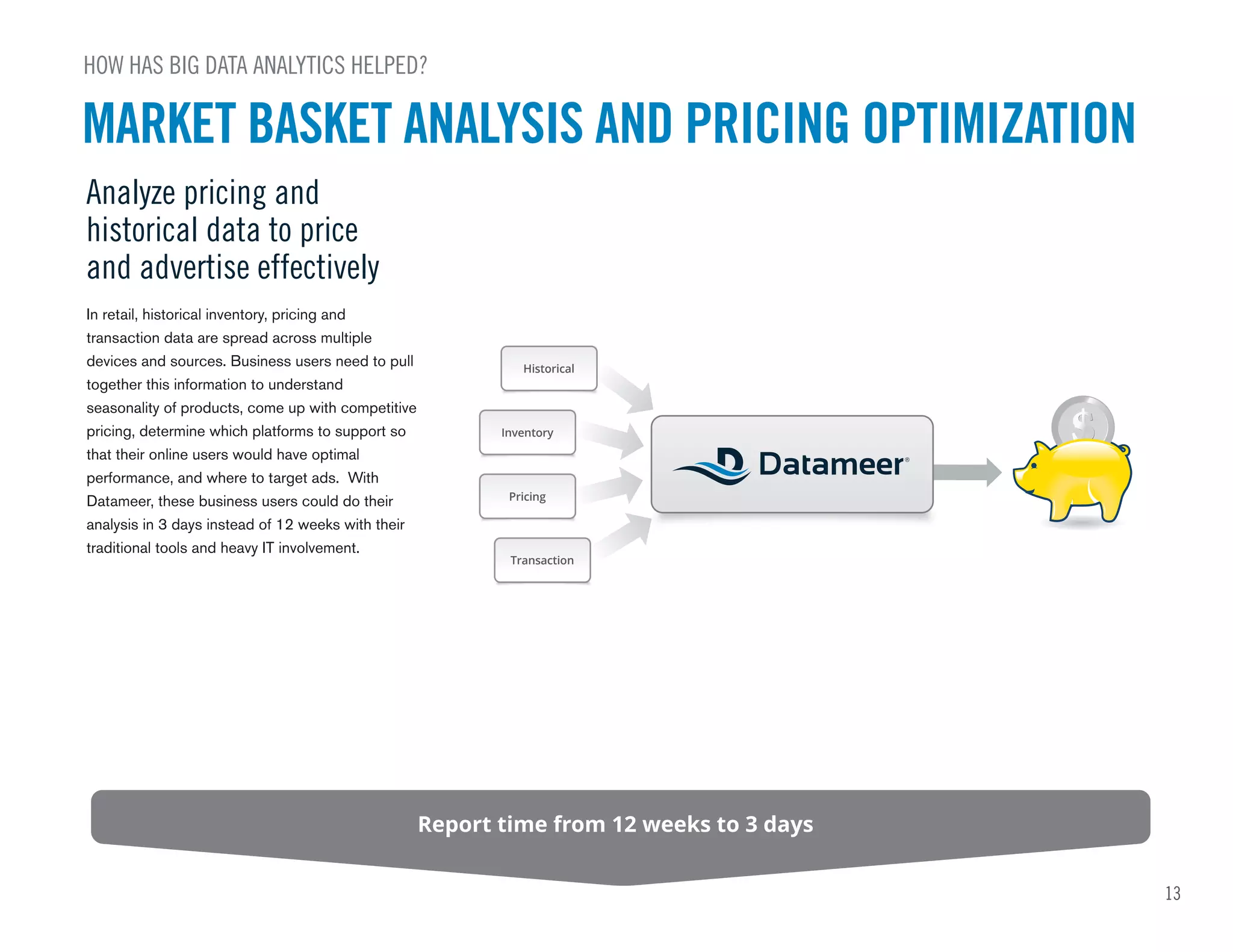 Historical
Inventory
Pricing
Transaction
13
MARKET BASKET ANALYSIS AND PRICING OPTIMIZATION
HOW HAS BIG DATA ANALYTICS HELPED?
Analyze pricing and
historical data to price
and advertise effectively
Report time from 12 weeks to 3 days
In retail, historical inventory, pricing and
transaction data are spread across multiple
devices and sources. Business users need to pull
together this information to understand
seasonality of products, come up with competitive
pricing, determine which platforms to support so
that their online users would have optimal
performance, and where to target ads. With
Datameer, these business users could do their
analysis in 3 days instead of 12 weeks with their
traditional tools and heavy IT involvement.
 