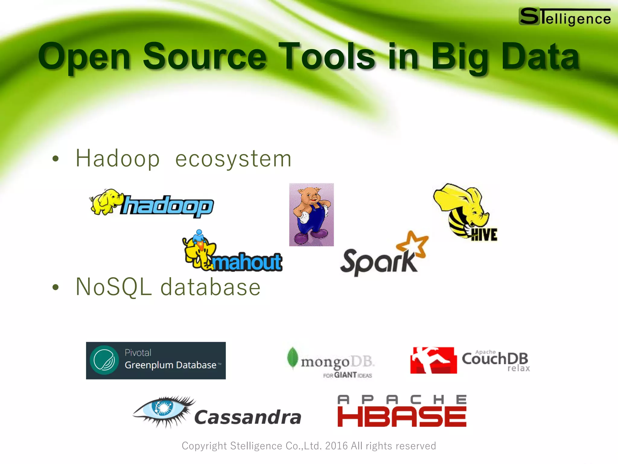 Copyright Stelligence Co.,Ltd. 2016 All rights reserved
Open Source Tools in Big Data
• Hadoop ecosystem
• NoSQL database
 