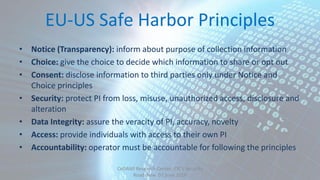 EU-US Safe Harbor Principles
• Notice (Transparency): inform about purpose of collection information
• Choice: give the choice to decide which information to share or opt out
• Consent: disclose information to third parties only under Notice and
Choice principles
• Security: protect PI from loss, misuse, unauthorized access, disclosure and
alteration
• Data Integrity: assure the veracity of PI, accuracy, novelty
• Access: provide individuals with access to their own PI
• Accountability: operator must be accountable for following the principles
CeDAWI Research Center, IDC’s Security
Roadshow 07 June 2016
 