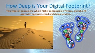 How Deep is Your Digital Footprint?
Two types of consumers: who is highly concerned on Privacy, and who fill
okay with openness, good and cheap services...
CeDAWI Research Center, IDC’s Security
Roadshow 07 June 2016
 