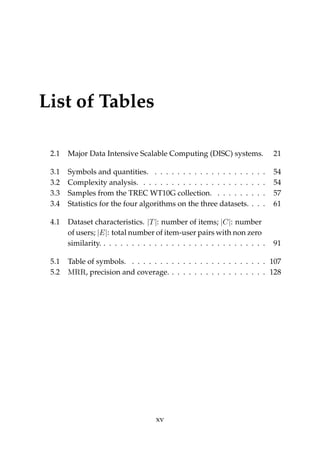 List of Tables
2.1 Major Data Intensive Scalable Computing (DISC) systems. 21
3.1 Symbols and quantities. . . . . . . . . . . . . . . . . . . . . 54
3.2 Complexity analysis. . . . . . . . . . . . . . . . . . . . . . . 54
3.3 Samples from the TREC WT10G collection. . . . . . . . . . 57
3.4 Statistics for the four algorithms on the three datasets. . . . 61
4.1 Dataset characteristics. |T|: number of items; |C|: number
of users; |E|: total number of item-user pairs with non zero
similarity. . . . . . . . . . . . . . . . . . . . . . . . . . . . . . 91
5.1 Table of symbols. . . . . . . . . . . . . . . . . . . . . . . . . 107
5.2 MRR, precision and coverage. . . . . . . . . . . . . . . . . . 128
xv
 