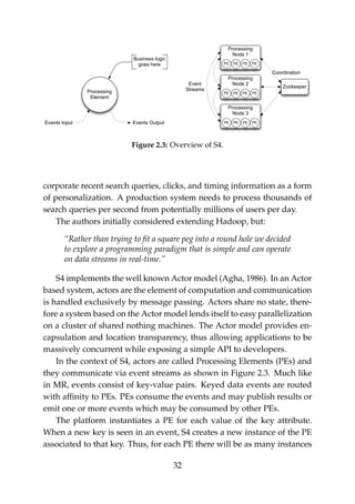 Processing
Element
Zookeeper
Event
Streams
Coordination
Events Input Events Output
Business logic
goes here
Processing
Node 1
PE PE PE PE
Processing
Node 2
PE PE PE PE
Processing
Node 3
PE PE PE PE
Figure 2.3: Overview of S4.
corporate recent search queries, clicks, and timing information as a form
of personalization. A production system needs to process thousands of
search queries per second from potentially millions of users per day.
The authors initially considered extending Hadoop, but:
“Rather than trying to ﬁt a square peg into a round hole we decided
to explore a programming paradigm that is simple and can operate
on data streams in real-time.”
S4 implements the well known Actor model (Agha, 1986). In an Actor
based system, actors are the element of computation and communication
is handled exclusively by message passing. Actors share no state, there-
fore a system based on the Actor model lends itself to easy parallelization
on a cluster of shared nothing machines. The Actor model provides en-
capsulation and location transparency, thus allowing applications to be
massively concurrent while exposing a simple API to developers.
In the context of S4, actors are called Processing Elements (PEs) and
they communicate via event streams as shown in Figure 2.3. Much like
in MR, events consist of key-value pairs. Keyed data events are routed
with afﬁnity to PEs. PEs consume the events and may publish results or
emit one or more events which may be consumed by other PEs.
The platform instantiates a PE for each value of the key attribute.
When a new key is seen in an event, S4 creates a new instance of the PE
associated to that key. Thus, for each PE there will be as many instances
32
 
