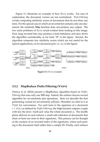Figure 3.1 illustrates an example of how ELSA works. For ease of
explanation, the document vectors are not normalized. Term-Filtering
avoids computing similarity scores of documents that do not share any
term. For the special case in which an inverted list contains only one doc-
ument, the similarity Map function does not produce any output. The
two main problems of ELSA result evident from looking at this image.
First, long inverted lists may produce a load imbalance and slow down
the algorithm considerably, as for term “B” in the ﬁgure. Second, the
algorithm computes low similarity scores which are not useful for the
typical applications, as for document pair d1, d2 in the ﬁgure.
shufﬂe
map
map
map
map
shufﬂe
<B, [(d1,1),
(d2,1),
(d3,2)]>
<C, [(d1,1),
(d3,1)]>
<D, [(d2,2)]>
<A, [(d1,2),
(d3,1)]>
<A, (d1,2)>
<B, (d1,1)>
<C, (d1,1)>
<B, (d2,1)>
<D, (d2,2)>
<A, (d3,1)>
<B, (d3,2)>
<C, (d3,1)>
<B, [(d1,1),
(d2,1),
(d3,2)]>
<A, [(d1,2),
(d3,1)]>
<C, [(d1,1),
(d3,1)]>
<D, [(d2,2)]>
reduce
reduce
reduce
reduce
Indexing Similarity
<(d1,d2), 1>
<(d1,d3), 2>
<(d2,d3), 2>
<(d1,d3), 1>
<(d1,d3), 2>
<(d1,d3), [2,2,1]>
<(d1,d2), [1]>
<(d2,d3), [2]>
reduce
reduce
reduce
<(d1,d3), 5>
<(d1,d2), 1>
<(d2,d3), 2>
mapd1
"A A B C"
mapd3
"A B B C"
mapd2
"B D D"
Figure 3.1: ELSA example.
3.3.2 MapReduce Preﬁx-Filtering (VERN)
Vernica et al. (2010) present a MapReduce algorithm based on Preﬁx-
Filtering that uses only one MR step. Indeed, the authors discuss several
algorithm for set-similarity join operations. Here we describe the best
performing variant for set-similarity self-join. Hereafter we refer to it as
VERN for convenience. For each term in the signature of a document
t ∈ S(di) as deﬁned by Preﬁx-Filtering, the map function outputs a tuple
with key the term t itself and value the whole document di. The shufﬂe
phase delivers to each reducer a small sub-collection of documents that
share at least one term in their signatures. This process can be thought
as the creation of an inverted index of the signatures, where each post-
ing is the document itself rather than a simple ID. Finally, each reducer
44
 