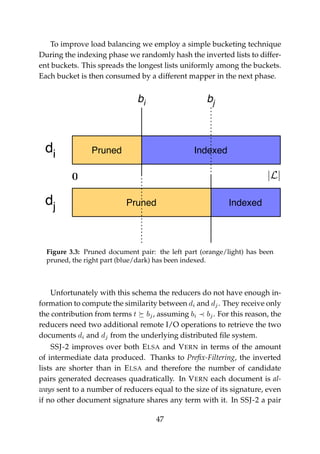 To improve load balancing we employ a simple bucketing technique
During the indexing phase we randomly hash the inverted lists to differ-
ent buckets. This spreads the longest lists uniformly among the buckets.
Each bucket is then consumed by a different mapper in the next phase.
Pruned Indexed
Pruned Indexed
di
dj
bi bj
|L|0
Figure 3.3: Pruned document pair: the left part (orange/light) has been
pruned, the right part (blue/dark) has been indexed.
Unfortunately with this schema the reducers do not have enough in-
formation to compute the similarity between di and dj. They receive only
the contribution from terms t bj, assuming bi bj. For this reason, the
reducers need two additional remote I/O operations to retrieve the two
documents di and dj from the underlying distributed ﬁle system.
SSJ-2 improves over both ELSA and VERN in terms of the amount
of intermediate data produced. Thanks to Preﬁx-Filtering, the inverted
lists are shorter than in ELSA and therefore the number of candidate
pairs generated decreases quadratically. In VERN each document is al-
ways sent to a number of reducers equal to the size of its signature, even
if no other document signature shares any term with it. In SSJ-2 a pair
47
 