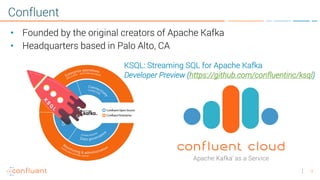 3
Confluent
• Founded by the original creators of Apache Kafka
• Headquarters based in Palo Alto, CA
KSQL: Streaming SQL for Apache Kafka
Developer Preview (https://github.com/confluentinc/ksql)
 