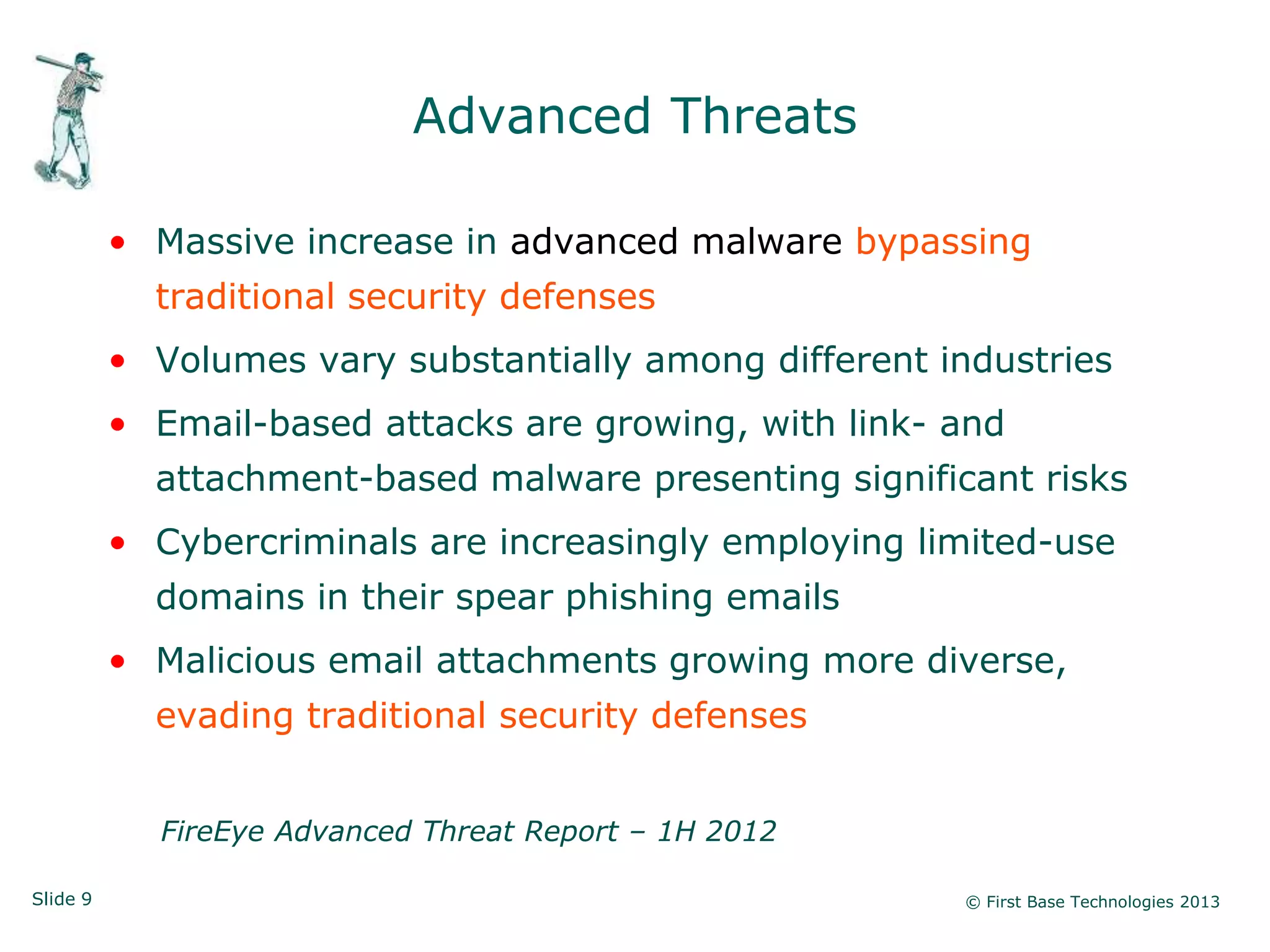 Slide 9 © First Base Technologies 2013
Advanced Threats
• Massive increase in advanced malware bypassing
traditional security defenses
• Volumes vary substantially among different industries
• Email-based attacks are growing, with link- and
attachment-based malware presenting significant risks
• Cybercriminals are increasingly employing limited-use
domains in their spear phishing emails
• Malicious email attachments growing more diverse,
evading traditional security defenses
FireEye Advanced Threat Report – 1H 2012
 