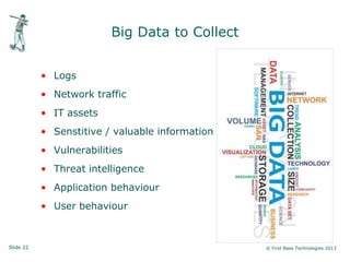 Slide 22 © First Base Technologies 2013
Big Data to Collect
• Logs
• Network traffic
• IT assets
• Senstitive / valuable information
• Vulnerabilities
• Threat intelligence
• Application behaviour
• User behaviour
 