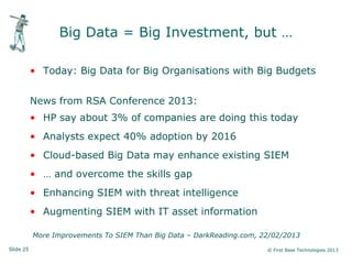 Slide 25 © First Base Technologies 2013
Big Data = Big Investment, but …
• Today: Big Data for Big Organisations with Big Budgets
News from RSA Conference 2013:
• HP say about 3% of companies are doing this today
• Analysts expect 40% adoption by 2016
• Cloud-based Big Data may enhance existing SIEM
• … and overcome the skills gap
• Enhancing SIEM with threat intelligence
• Augmenting SIEM with IT asset information
More Improvements To SIEM Than Big Data – DarkReading.com, 22/02/2013
 