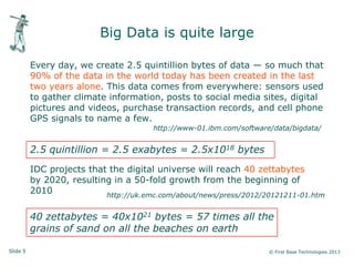 Slide 5 © First Base Technologies 2013
Big Data is quite large
Every day, we create 2.5 quintillion bytes of data — so much that
90% of the data in the world today has been created in the last
two years alone. This data comes from everywhere: sensors used
to gather climate information, posts to social media sites, digital
pictures and videos, purchase transaction records, and cell phone
GPS signals to name a few.
http://www-01.ibm.com/software/data/bigdata/
2.5 quintillion = 2.5 exabytes = 2.5x1018 bytes
IDC projects that the digital universe will reach 40 zettabytes
by 2020, resulting in a 50-fold growth from the beginning of
2010 http://uk.emc.com/about/news/press/2012/20121211-01.htm
40 zettabytes = 40x1021 bytes = 57 times all the
grains of sand on all the beaches on earth
 
