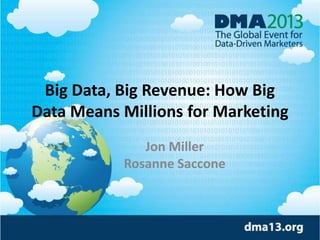 Big Data, Big Revenue: How Big
Data Means Millions for Marketing
Jon Miller
Rosanne Saccone
 