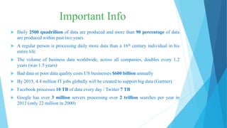 Important Info
 Daily 2500 quadrillion of data are produced and more than 90 percentage of data
are produced within past two years.
 A regular person is processing daily more data than a 16th century individual in his
entire life
 The volume of business data worldwide, across all companies, doubles every 1.2
years (was 1.5 years)
 Bad data or poor data quality costs US businesses $600 billion annually
 By 2015, 4.4 million IT jobs globally will be created to support big data (Gartner)
 Facebook processes 10 TB of data every day / Twitter 7 TB
 Google has over 3 million servers processing over 2 trillion searches per year in
2012 (only 22 million in 2000)
 