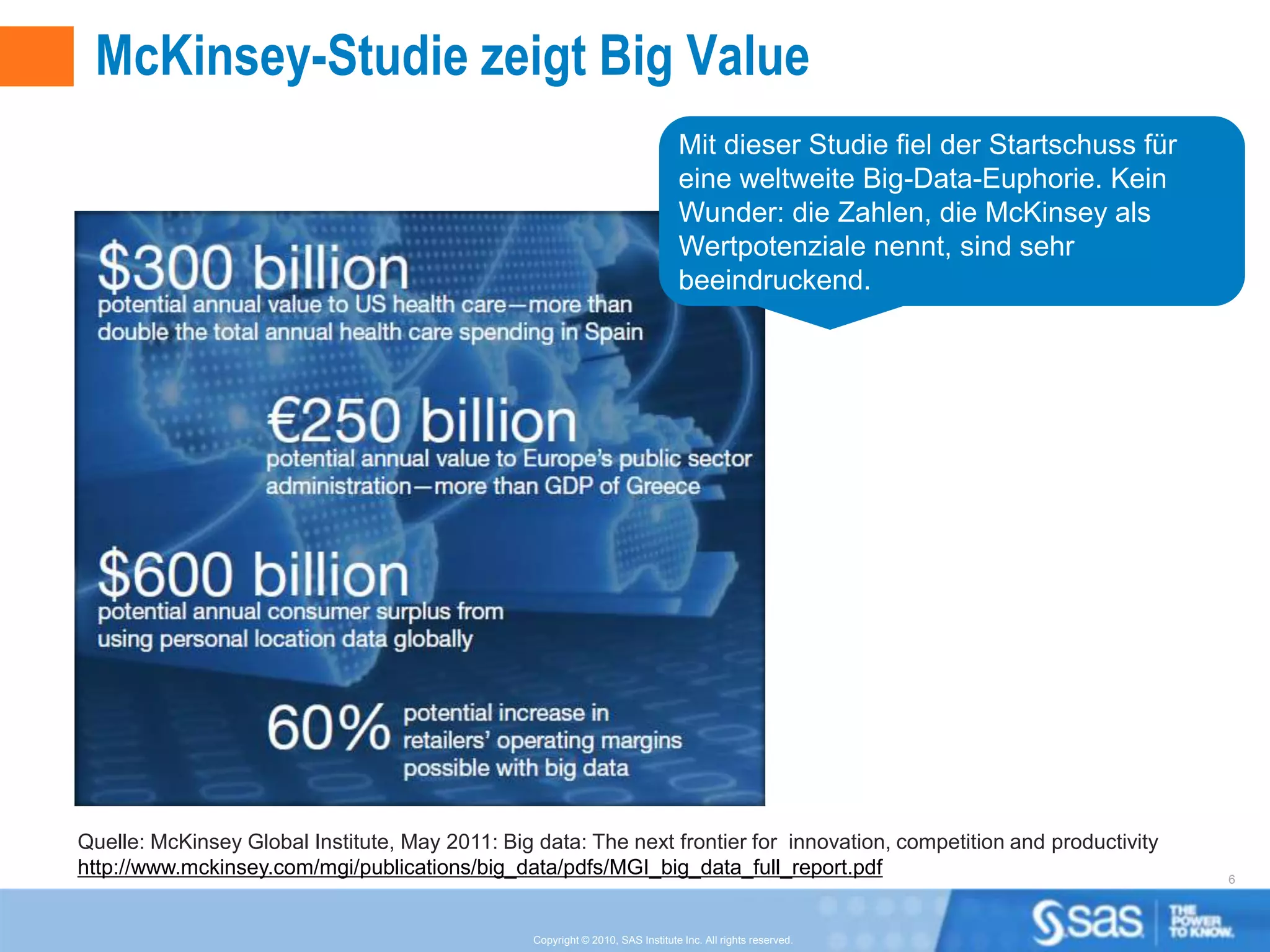 McKinsey-Studie zeigt Big Value
                                                                                Mit dieser Studie fiel der Startschuss für
                                                                                eine weltweite Big-Data-Euphorie. Kein
                                                                                Wunder: die Zahlen, die McKinsey als
                                                                                Wertpotenziale nennt, sind sehr
                                                                                beeindruckend.




Quelle: McKinsey Global Institute, May 2011: Big data: The next frontier for innovation, competition and productivity
http://www.mckinsey.com/mgi/publications/big_data/pdfs/MGI_big_data_full_report.pdf                                          6



                                                 Copyright © 2010, SAS Institute Inc. All rights reserved.
 