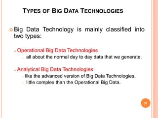 TYPES OF BIG DATA TECHNOLOGIES
 Big Data Technology is mainly classified into
two types:
 Operational Big Data Technolog...