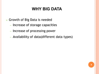 WHY BIG DATA
9
 Growth of Big Data is needed
– Increase of storage capacities
– Increase of processing power
– Availabili...