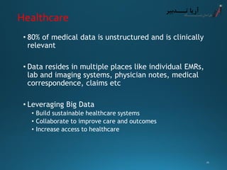 Healthcare 
•80% of medical data is unstructured and is clinically relevant 
•Data resides in multiple places like individual EMRs, lab and imaging systems, physician notes, medical correspondence, claims etc 
•Leveraging Big Data 
•Build sustainable healthcare systems 
•Collaborate to improve care and outcomes 
•Increase access to healthcare 
21 
 