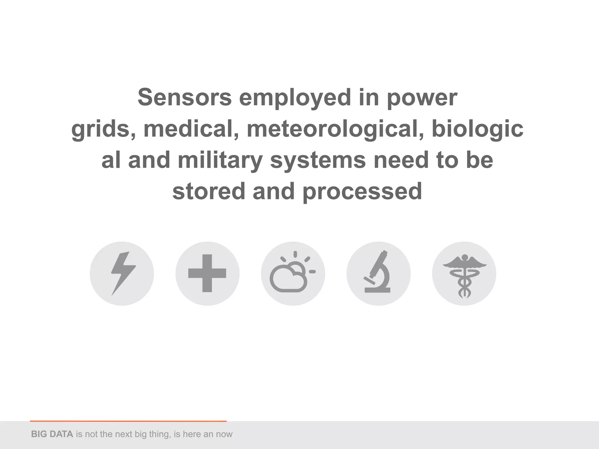 Sensors employed in power
         grids, medical, meteorological, biologic
            al and military systems need to be
                  stored and processed




BIG DATA is not the next big thing, is here an now
 