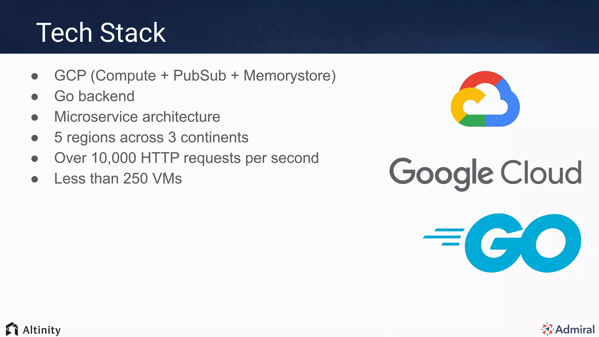 Tech Stack
● GCP (Compute + PubSub + Memorystore)
● Go backend
● Microservice architecture
● 5 regions across 3 continents
● Over 10,000 HTTP requests per second
● Less than 250 VMs
 