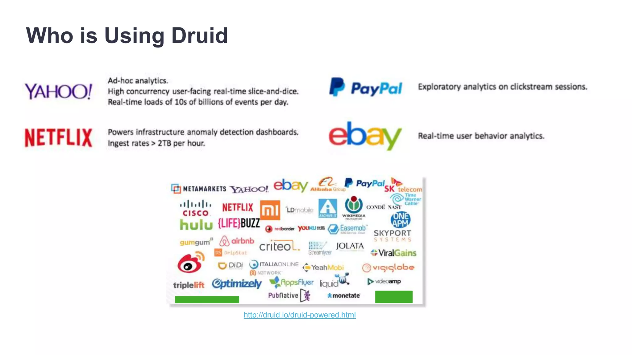 Who is Using Druid
http://druid.io/druid-powered.html
 