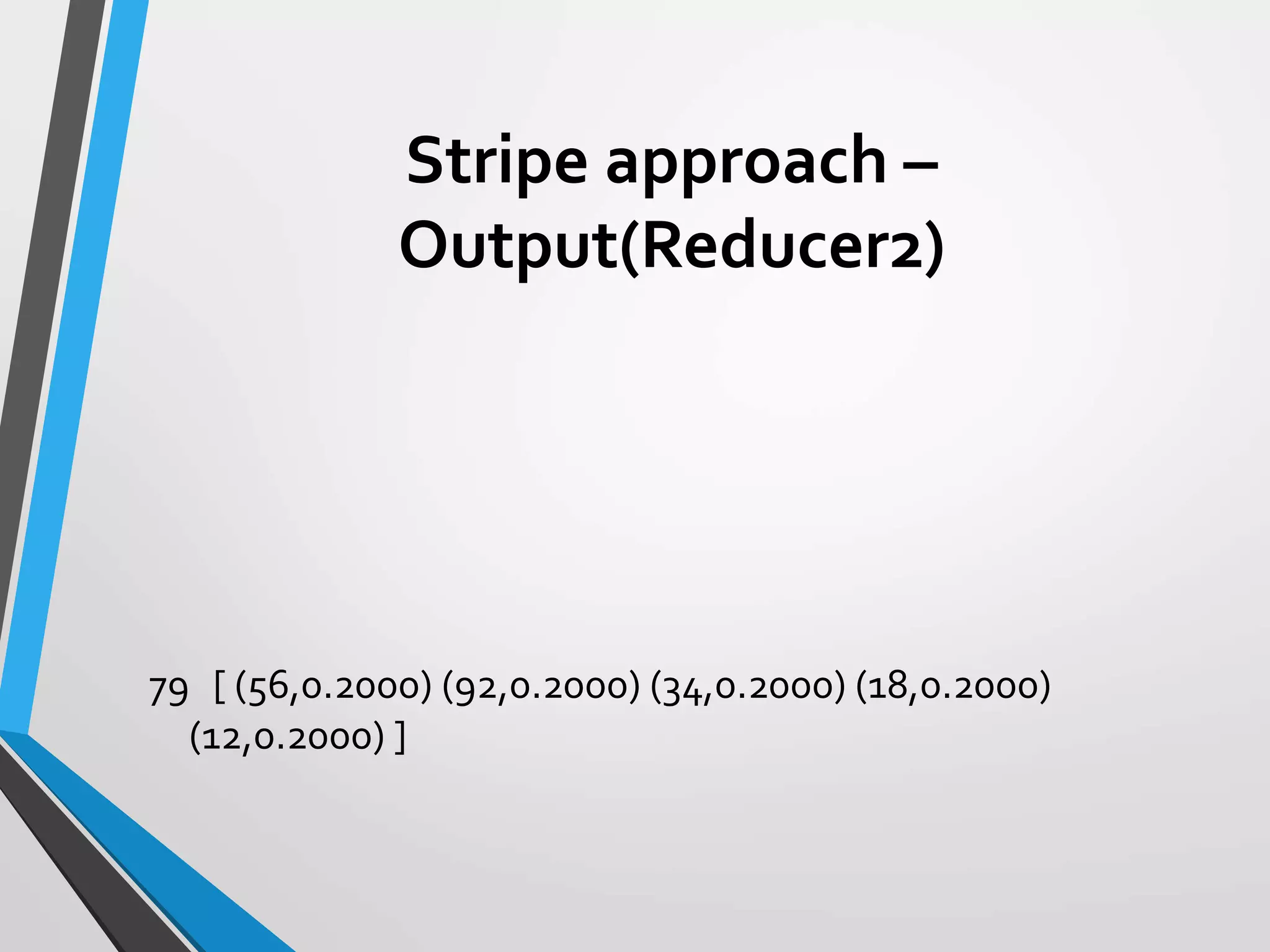 Stripe approach –
Output(Reducer2)
79 [ (56,0.2000) (92,0.2000) (34,0.2000) (18,0.2000)
(12,0.2000) ]
 