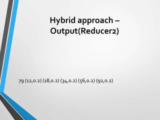 Hybrid approach –
Output(Reducer2)
79 (12,0.2) (18,0.2) (34,0.2) (56,0.2) (92,0.2)
 