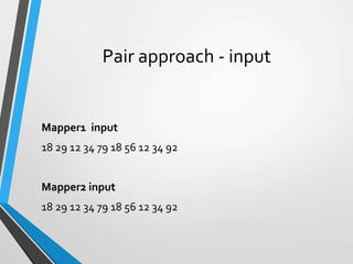 Pair approach - input
Mapper1 input
18 29 12 34 79 18 56 12 34 92
Mapper2 input
18 29 12 34 79 18 56 12 34 92
 