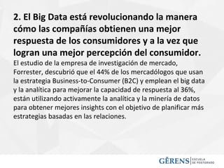 2. El Big Data está revolucionando la manera
cómo las compañías obtienen una mejor
respuesta de los consumidores y a la vez que
logran una mejor percepción del consumidor.
El estudio de la empresa de investigación de mercado,
Forrester, descubrió que el 44% de los mercadólogos que usan
la estrategia Business-to-Consumer (B2C) y emplean el big data
y la analítica para mejorar la capacidad de respuesta al 36%,
están utilizando activamente la analítica y la minería de datos
para obtener mejores insights con el objetivo de planificar más
estrategias basadas en las relaciones.
 