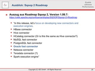 www.ise-informatik.de
Copyright (C) ISE GmbH - All Rights Reserved 25
Enable
eXtreme
Performance.
 Auszug aus Roadmap Sqoop 2, Version 1.99.7:
https://cwiki.apache.org/confluence/display/SQOOP/Sqoop+2+Roadmap
 “In this release, let’s focus on developing new connectors and
execution engines.
 HBase connector
 Hive connector
 HCatalog connector (Or is this the same as Hive connector?)
 MySQL fast connector
 PostgreSQL fast connector
 Oracle fast connector
 Netezza connector
 Teradata connector (?)
 Spark execution engine”
Ausblick: Sqoop 2 Roadmap
 