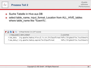 www.ise-informatik.de
Copyright (C) ISE GmbH - All Rights Reserved 38
Enable
eXtreme
Performance.
 Suche Tabelle in Hive aus DB
 select table_name, input_format, Location from ALL_HIVE_tables
where table_name like '%oem%';
Prozess Teil 2
 