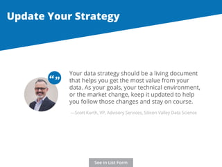 Update Your Strategy 
Your data strategy should be a living document 
that helps you get the most value from your 
data. As your goals, your technical environment, 
or the market change, keep it updated to help 
you follow those changes and stay on course. 
“ “ 
—Scott Kurth, VP, Advisory Services, Silicon Valley Data Science 
See in List Form 
 
