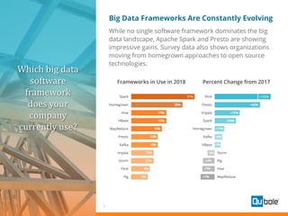6
Big Data Frameworks Are Constantly Evolving
While no single software framework dominates the big
data landscape, Apache Spark and Presto are showing
impressive gains. Survey data also shows organizations
moving from homegrown approaches to open source
technologies.
Frameworks in Use in 2018
Which big data
software
framework
does your
company
currently use?
Percent Change from 2017
 