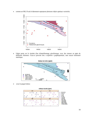 19
 comme un SIG, R sait évidemment superposer plusieurs objets spatiaux vectoriels.
 l'objet point est le résultat d'un échantillonnage géochimique, avec des teneurs en ppm de
différents éléments. Ceux-ci peuvent être « explorés » graphiquement, sans aucun traitement
statistique.
 avec le paquet lattice
 