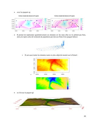 20
 avec les paquets sp
 R permet de représenter quantitativement ces données en 3d, mais elles ne s'y prêtent pas bien,
alors j'ai repris celui de la densité de population par état aux États-Unis (paquet lattice)
 R sait aussi traiter les données raster et cela a déjà été montré sur le Portail :

 en 3d avec le paquet rgl
 