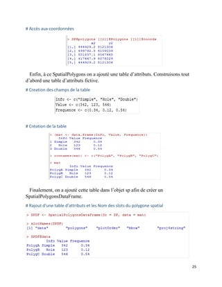 25
# Accès aux coordonnées
Enfin, à ce SpatialPolygons on a ajouté une table d’attributs. Construisons tout
d’abord une table d’attributs fictive.
# Creation des champs de la table
# Création de la table
Finalement, on a ajouté cette table dans l’objet sp afin de créer un
SpatialPolygonsDataFrame.
# Rajout d'une table d'attributs et les Nom des slots du polygone spatial
 