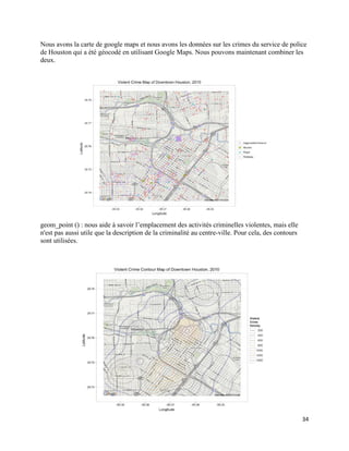 34
Nous avons la carte de google maps et nous avons les données sur les crimes du service de police
de Houston qui a été géocodé en utilisant Google Maps. Nous pouvons maintenant combiner les
deux.
geom_point () : nous aide à savoir l’emplacement des activités criminelles violentes, mais elle
n'est pas aussi utile que la description de la criminalité au centre-ville. Pour cela, des contours
sont utilisées.
 