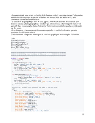 35
- Dans cette étude nous avons vu l’utilité de la fonction ggplot2 combinée avec de l’information
spatiale détaillé de google Maps afin de fournir une analyse utile des points où il y a de
criminalité violente au centre de texas
-L’utilisation de googleMaps dans R avec ggplot2 permet aux analystes de visualiser leurs
données sur une échelle géographique familière qui est maintenue cohérente par le framework
ggplot2. Il est beaucoup plus facile d'interpréter l'information spatiale lorsqu'elle est référencée
par des points .
-Deuxièmement, cela nous permet de mieux comprendre et vérifier les données spatiales
provenant de différentes sources.
-Troisièmement, cela permet à l'analyste de créer des graphiques beaucoup plus facilement.
Code
library(ggplot2)
library(ReadImages)
library(RgoogleMaps)
library(MASS)
theme_set(theme_bw())
################################################################################
#################### preload functions for later use ####################
################################################################################
ggimage <- function(image){
require(ggplot2)
if(length(dim(image)) == 2){
message('creating black and white image...')
image <- melt(image)
names(image) <- c('row','column','fill')
plot <- qplot(column, -row, data = image, geom = 'tile', fill = fill) +
scale_fill_gradient(low = 'black', high = 'white')
}
if(length(dim(image)) == 3){
message('creating color image...')
image <- apply(image, 1:2, function(v) rgb(v[1], v[2], v[3]))
image <- melt(image)
names(image) <- c('row', 'column', 'fill')
plot <- qplot(column, -row, data = image, geom = 'tile', fill = fill) +
scale_fill_identity()
}
#return(plot) # remove first pound for the image in the case study
plot +
opts(
axis.line = theme_blank(), axis.ticks = theme_blank(),
axis.text.x = theme_blank(), axis.text.y = theme_blank(),
axis.title.x = theme_blank(), axis.title.y = theme_blank(),
axis.ticks.length = unit(0, "lines"),
axis.ticks.margin = unit(0, "lines"),
legend.position = "none",
panel.background = theme_blank(),
panel.border = theme_blank(),
panel.grid.major = theme_blank(),
panel.grid.minor = theme_blank(),
panel.margin = unit(0, "lines"),
plot.background = theme_blank(),
plot.title = theme_blank(),
plot.margin = unit(c(-1, -1, -1.5, -1.5), "lines")
 