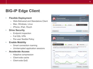 15




BIG-IP Edge Client
•   Flexible Deployment
     – Web-Delivered and Standalone Client
     – Mac, Windows, Linux
     – iPhone, iPad, iTouch
•   Drive Security
     – Endpoint inspection
     – Full SSL VPN
     – Per-user flexible Policy
•   Enable Mobility
     – Smart connection roaming
     – Uninterrupted application sessions
•   Accelerate Access
     – Adaptive compression
     – Client-side cache
     – Client-side QoS
 