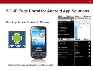 20




BIG-IP Edge Portal for Android App Solutions

Fast App. Access for Android Devices




 https://market.android.com/details?id=com.f5.edge.portal
 