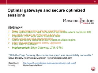 32




Optimal gateways and secure optimized
sessions

Challenges:
Benefits:
 Slow connection times meant slow transfers users on 64-bit OS
• WAN optimization = fast connection for mobile
 Couldn’t connect to VPN with 64-bitcalls
• Improved VoIP, with fewer dropped OS
 VoIP issues caused dropped calls
• Active Directory integration eliminates multiple logins
 Lack of support required costly upgrades
• Fast, easy installation
• Implemented: Edge Gateway, LTM, GTM.

“With the Edge Gateway, the connection speed was immediately noticeable.”
Steve Diggory, Technology Manager, PersonalizationMall.com

Case Study:   http://www.f5.com/pdf/case-studies/personalization-mall-cs.pdf
Industry:     Online Specialty Retail
 