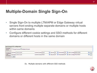 37




Multiple-Domain Single Sign-On

• Single Sign-On to multiple LTM/APM or Edge Gateway virtual
  servers front ending multiple separate domains or multiple hosts
  within same domains
• Configure different cookie settings and SSO methods for different
  domains or different hosts in the same domain




               Ex. Multiple domains with different SSO methods
 