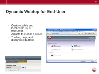 38




Dynamic Webtop for End-User


• Customizable and
  localizable list of
  resources
• Adjusts to mobile devices
• Toolbar, help, and
  disconnect buttons
 