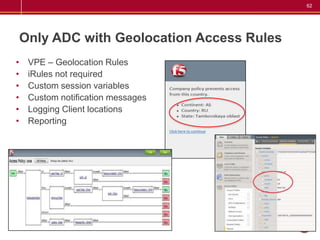 62




    Only ADC with Geolocation Access Rules
•    VPE – Geolocation Rules
•    iRules not required
•    Custom session variables
•    Custom notification messages
•    Logging Client locations
•    Reporting
 